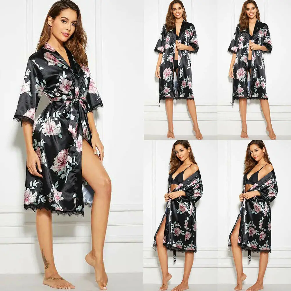 

2019 New Women V-neck Satin Silk Robes Ladies Floral Lace Pajama Night Dress Nightgown Sleepwear Homewear Clothing