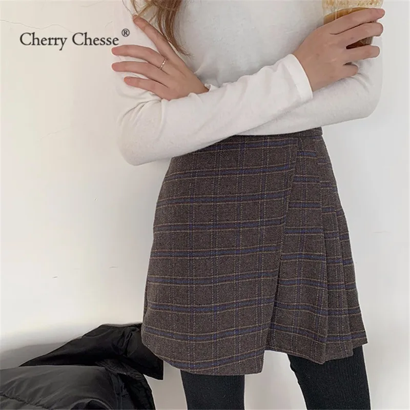 Cherry вая Женская клетчатая юбка Harajuku плиссированная Империя Асимметричная