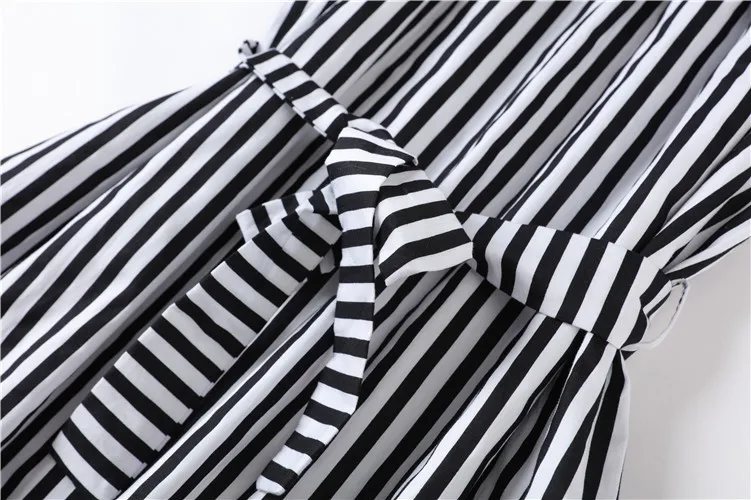 

New 2019 Summer Dress Women Black and White Striped Sexy Strap Puff Sleeve Bow Ruffles Dresses Designer Vestido de Fiesta Sashes