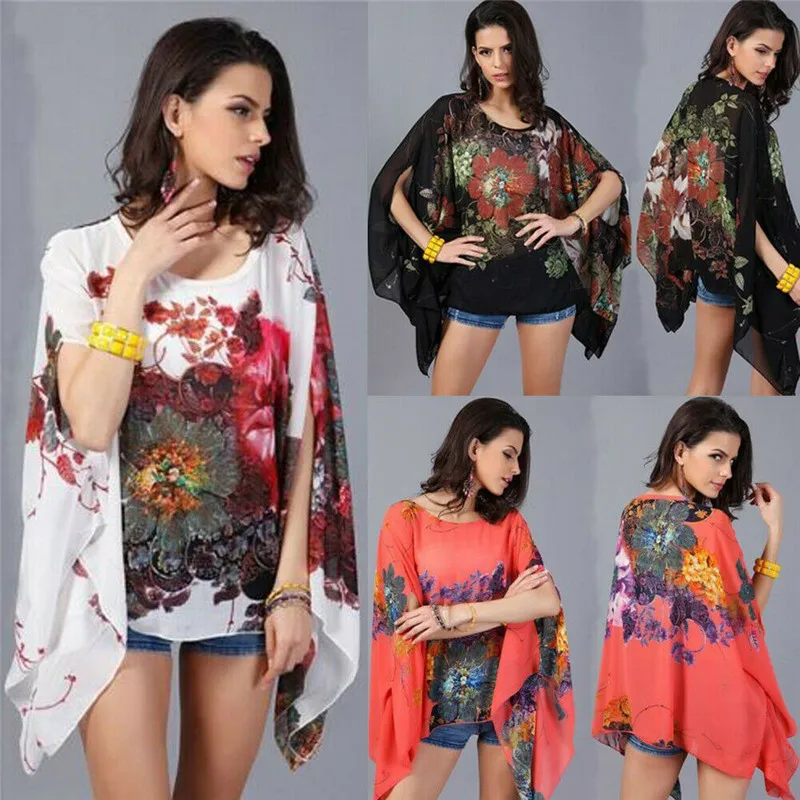 Женские Цветочные Летние Топы Boho свободные шифоновые рубашки с длинным рукавом