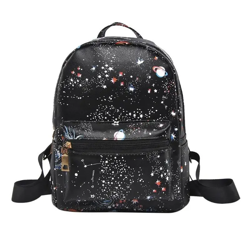 Фото Модный женский кожаный рюкзак со звездным принтом черный школьный для девочек