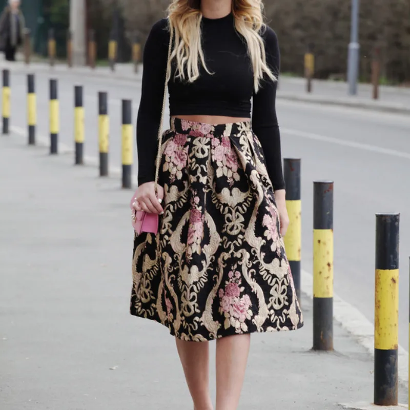 

Черная винтажная золотистая розовая юбка с цветочным принтом средней талии, Расклешенная Юбка До Колена, весна 2019, Корейская юбка