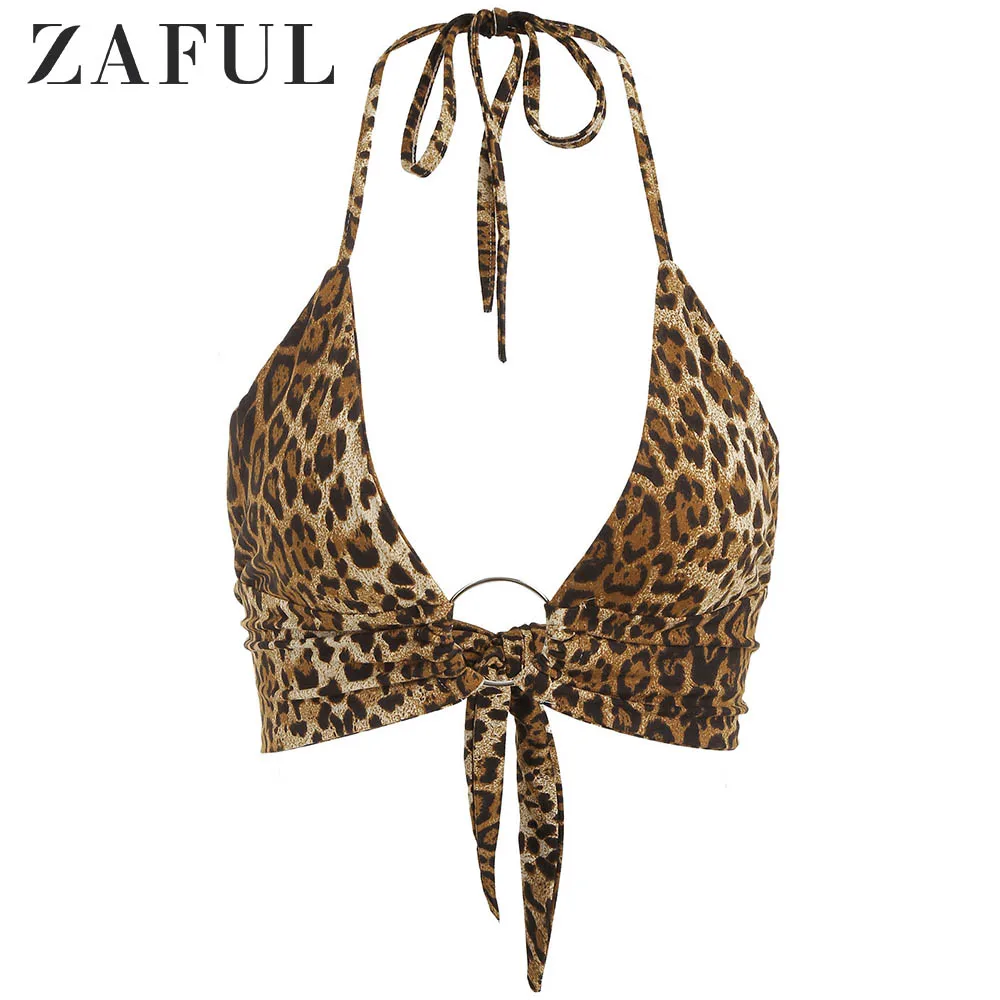 ZAFUL Галстук с леопардовым принтом Кроптоп женский летний Топ лямкой и