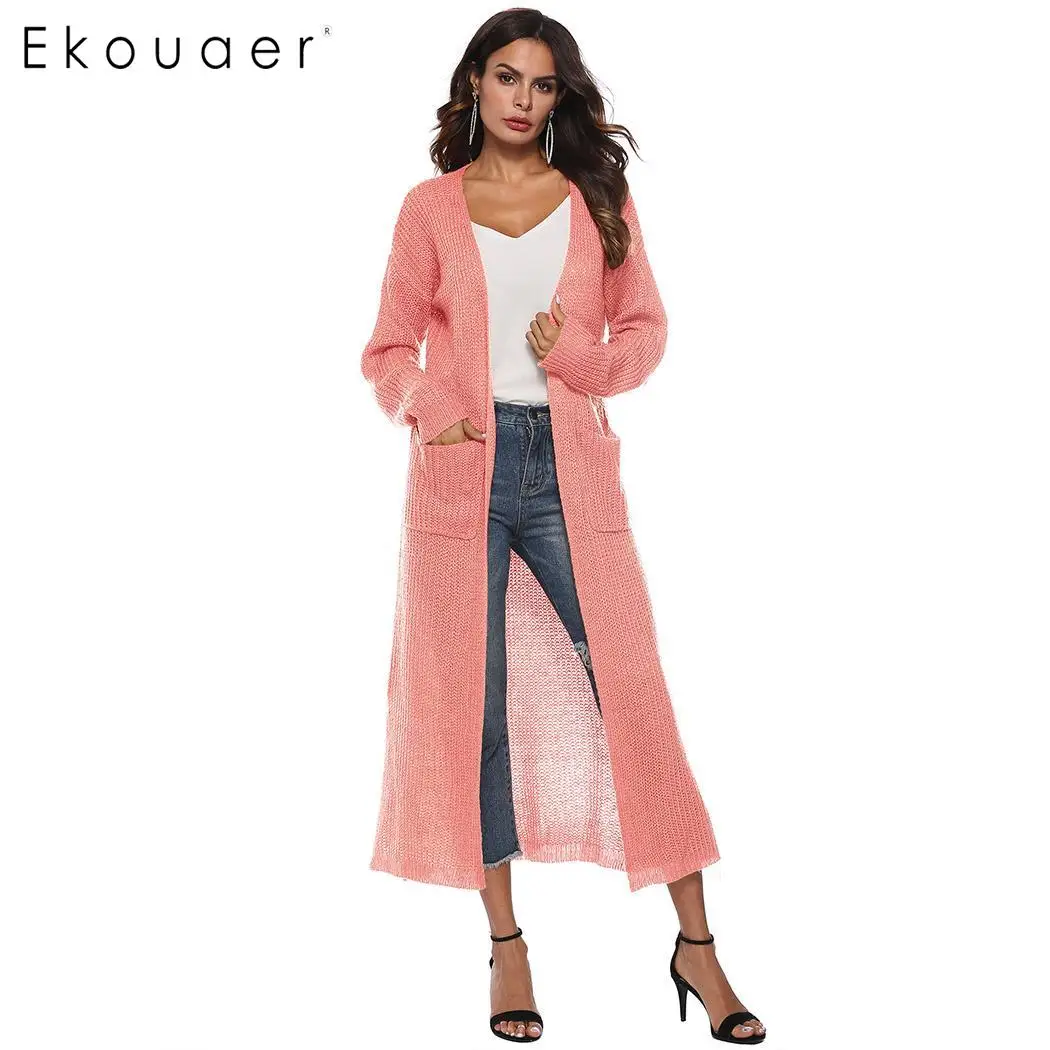 Ekouaer вязаный кардиган модный длинный свитер спереди открытый однотонный
