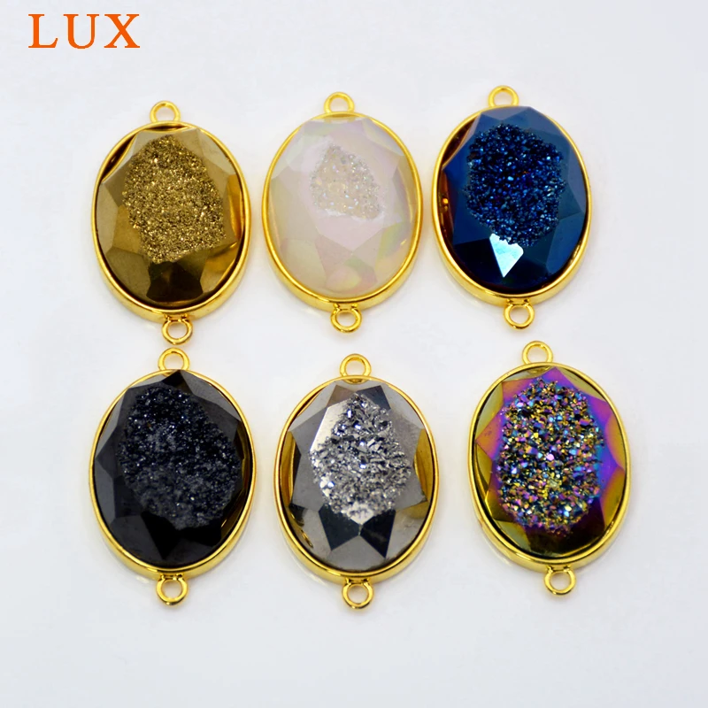 

Oval Agates Druzy Geode connector multi color drusy stone charms gold setting drusy jewelry High Quality pendant