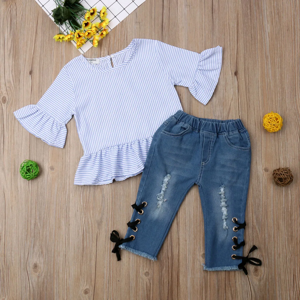 

Pudcoco Girl Set 12M-5Y Toddler Kids Baby Girl Ruffle Stripe Tops Denim Pants Jeans Outfits Clothes