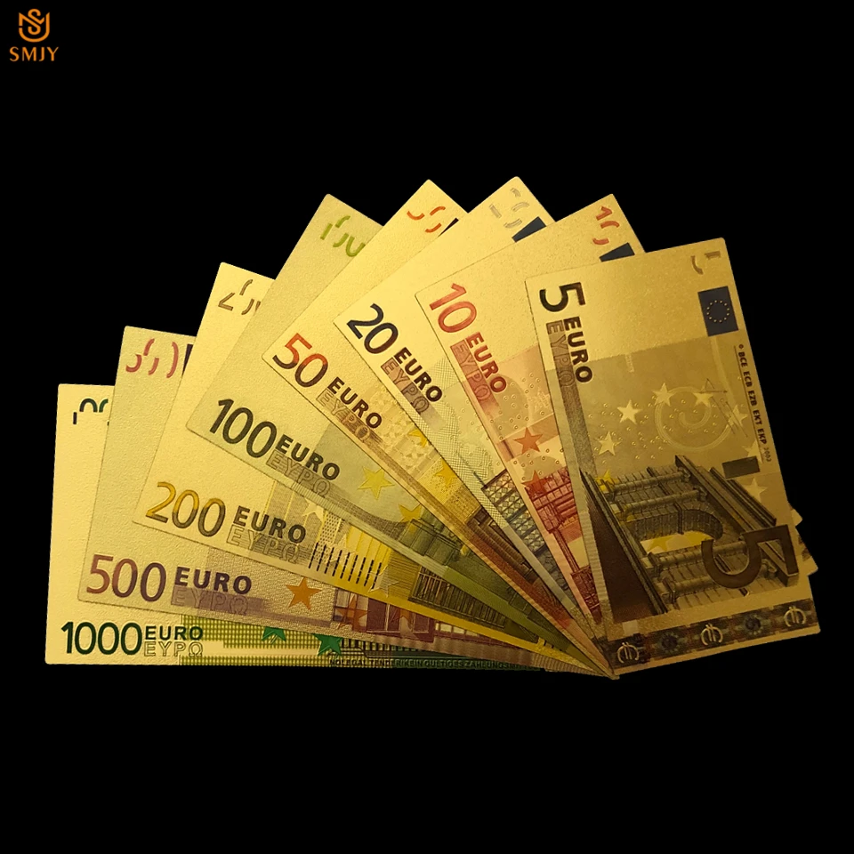 8 шт./лот набор банкнот 24 к золотистого цвета евро 5.10.20.50.100.200.500.1000 Золотая фольга