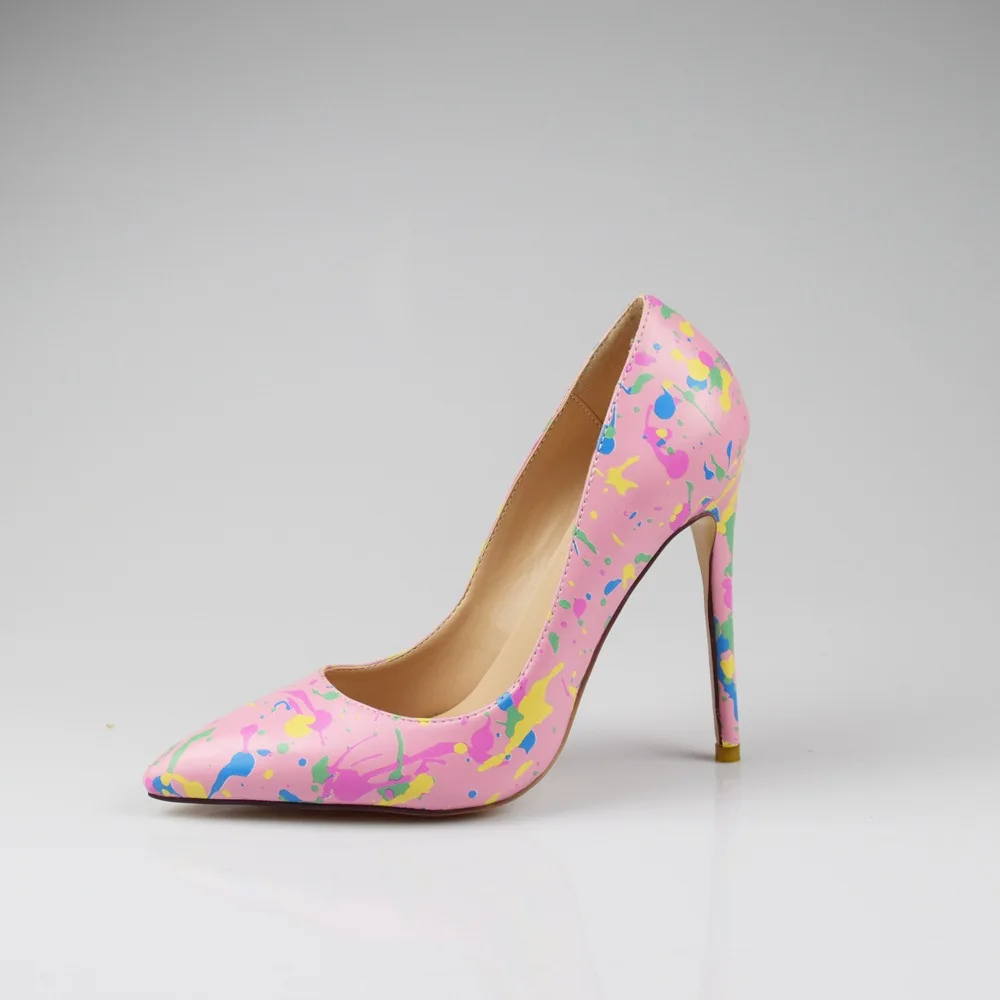 

New Women Shoes Pumps in Pointed Toe Sexy High Heels With Shallow Mouth 2019 Graffiti Pattern Pink For Summer