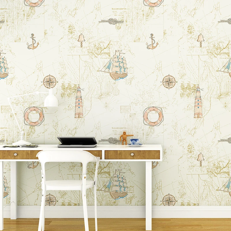 

Mediterranean Nautical Map Wallpaper Non-woven Children's Bedroom Wallpaper Blue Gray White Wall Paper Roll