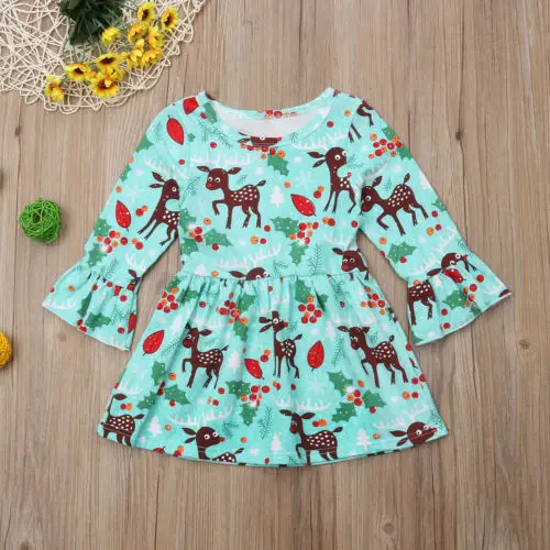 AU Sale Kids Baby Girl Xmas Deer Bell Sleeve Party Toddler Dress Clothes | Детская одежда и обувь