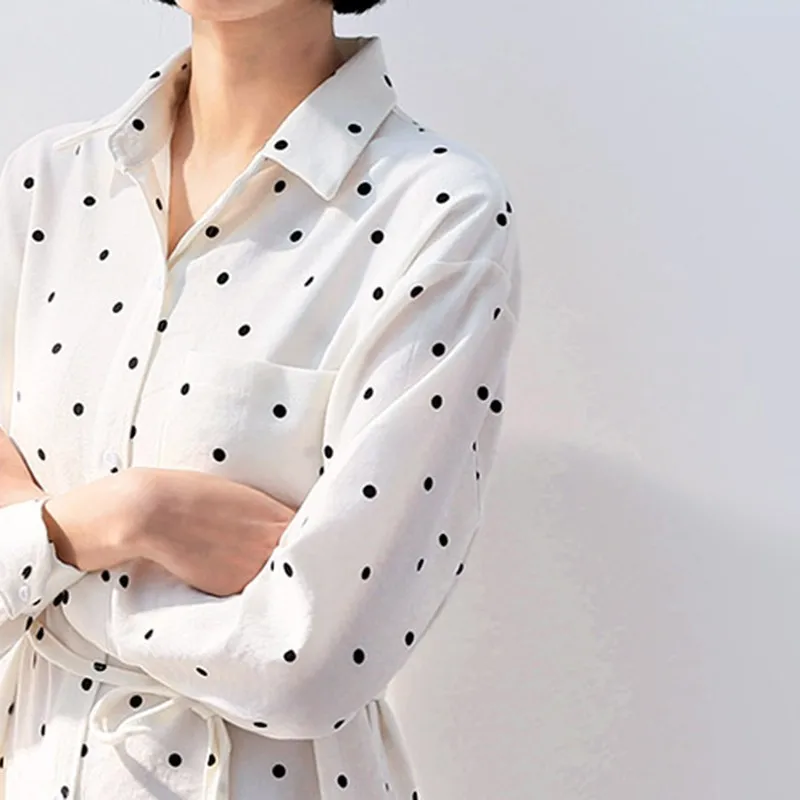 VGH Spring Vintage Corduroy Polka Dot Women Shirt Lapel Long Sleeve Lace Up Sashes Split Hem Loose Slim Female Top Blouse New |