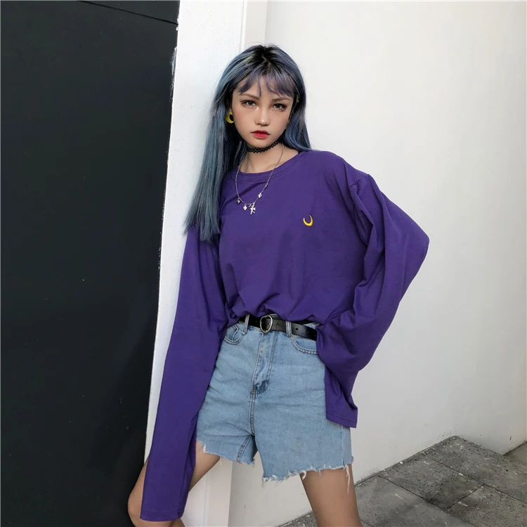 Harajuku/стиль для девочек фиолетовый топ с длинными рукавами футболка вышивкой Луны
