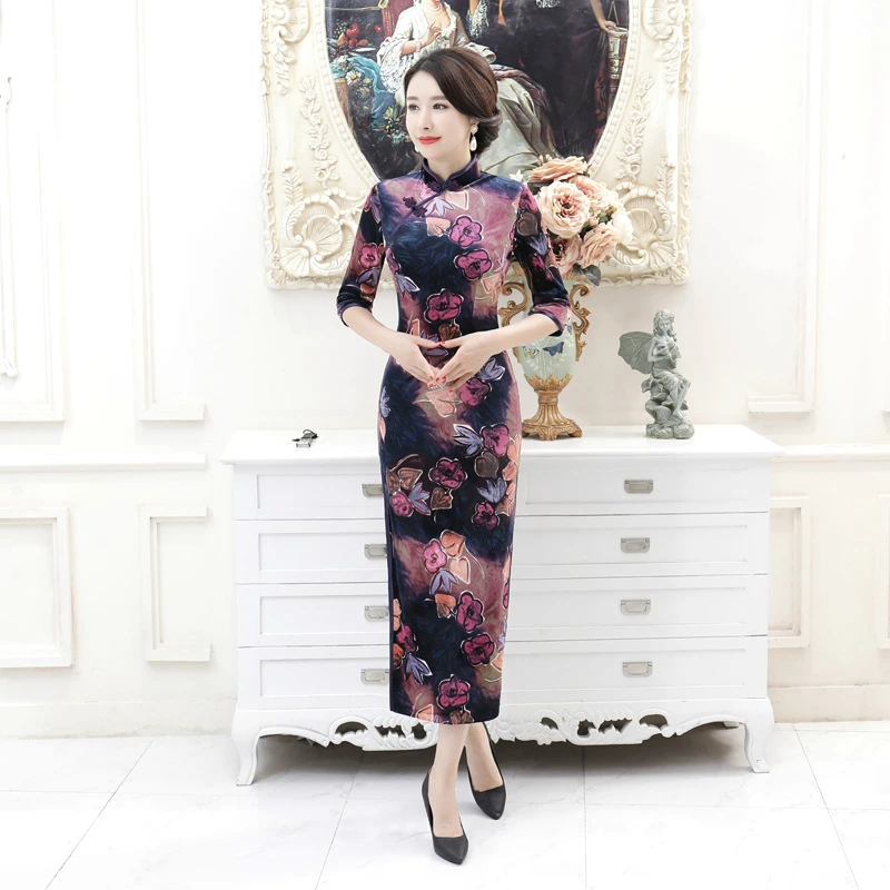 Китайское современное велюровое платье длинное Qipao чонсам Восточный стиль