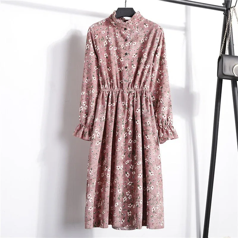 CHICEVER 2019 Spring Floral Dress For Women Stand Collar Flare Sleeve High Waist Corduroy Vintage Dresses Fashion Clothes New | Женская
