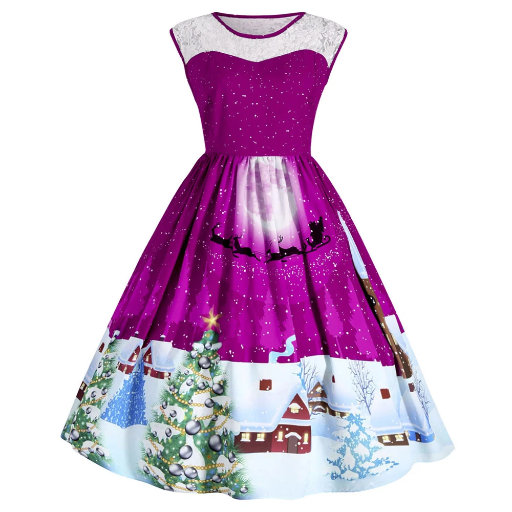 Wipalo Christmas Vintage Plus Size Dress Women Floral Printed Knee-Length Cute Party Sleeveless Lace Vestidos Femme | Женская одежда