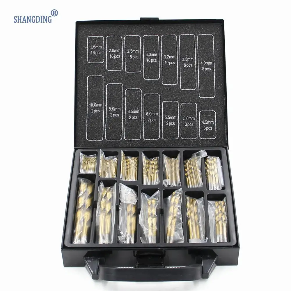 Free shipping Iron Box packing 99PCS HSS Twist Drill Bits Set 1.5-10mm Titanium Coated Surface 118 Degree For Drilling Metal