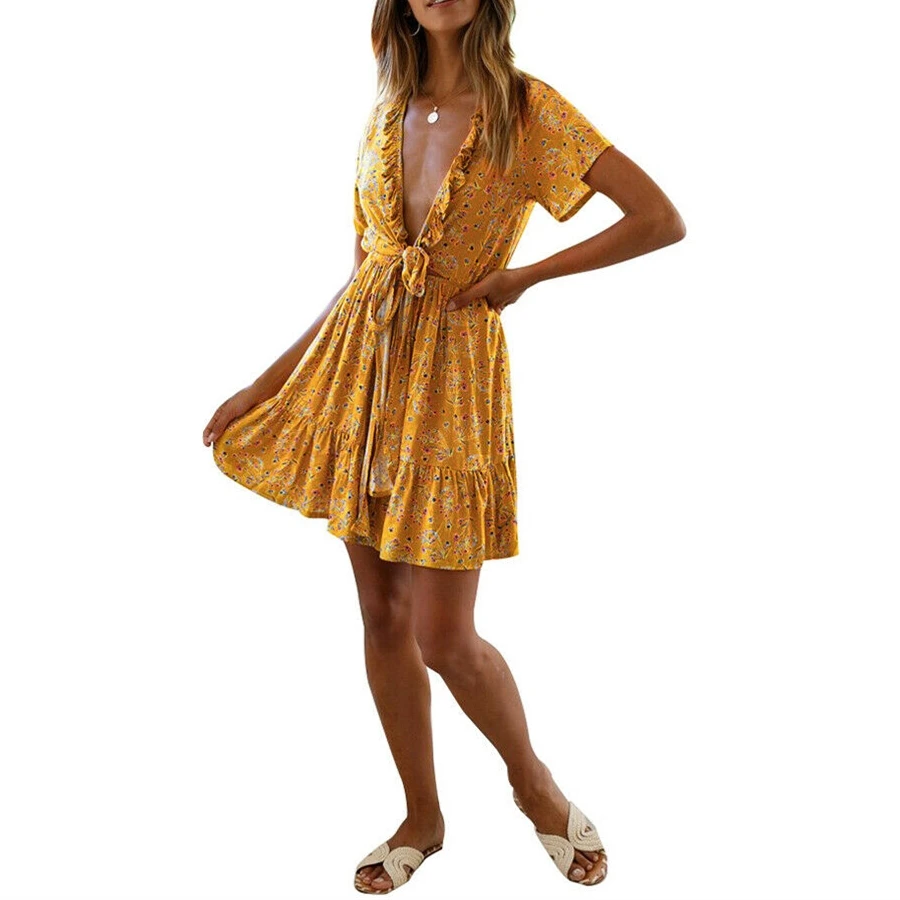 Для женщин Дамы v образным вырезом Boho Цветочный летний сарафан дамы Повседневное