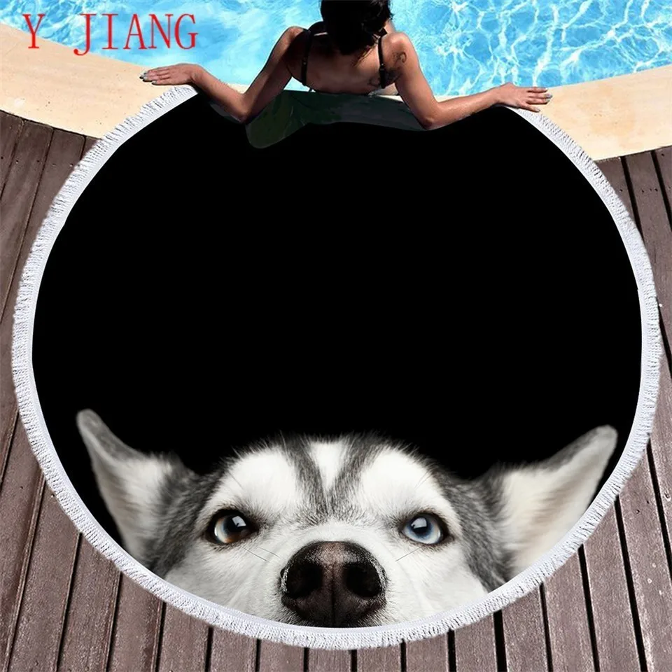Большое круглое пляжное полотенце Husky с кисточками из микрофибры Toalla 150 см 3d