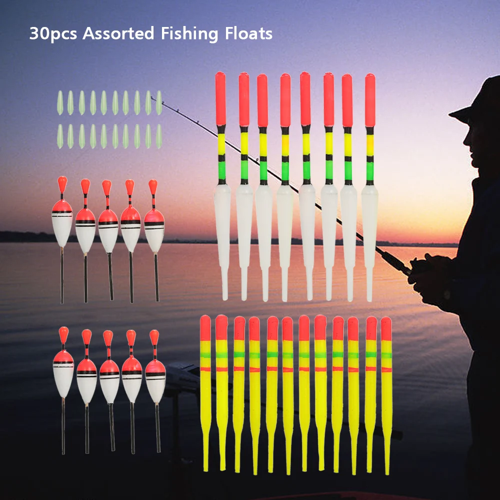 30pcs Fishing Floats w/ Rubbers Buoyancy Vertical Floater Assorted Shapes Colors Tackle Float | Спорт и развлечения