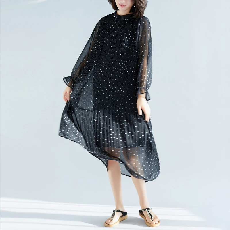 Vestidos mujer 2019 весенне-летние женские шифоновые платья с круглым вырезом и длинными