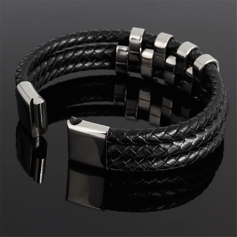 Fashion Genuine Leather Bracelet for Men Jewelry Punk Stainless Steel Buckle Bangle 3 Wrap Black Braid Rope Chain | Украшения и