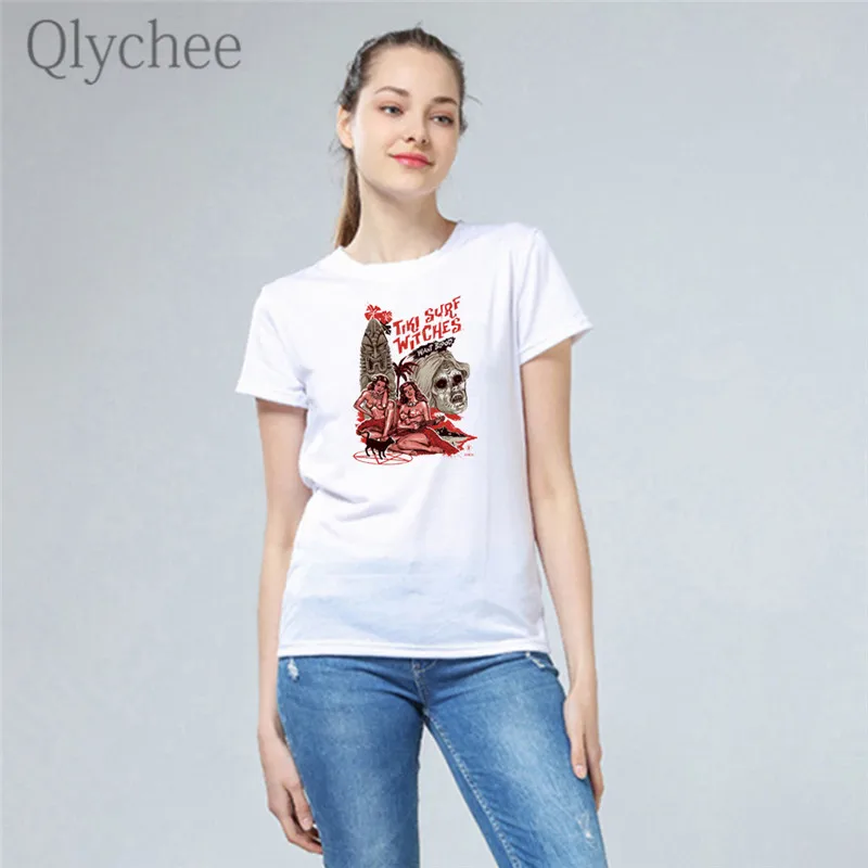 Женская футболка с надписью Qlychee Harajuku Devil белая коротким рукавом и вырезом