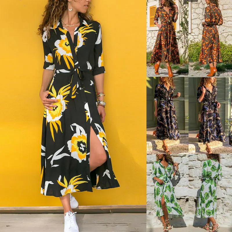 Summer Printing Floral Long Dress Women Sleeve Flower Boho Maxi Dresses Ladies Skater Casual Beach Party Shirt | Женская одежда