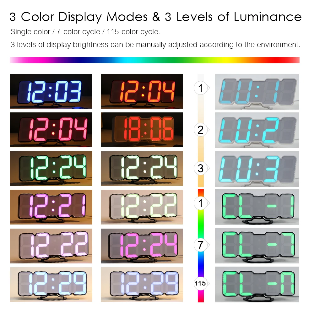 3D Wireless Remote Digital Alarm Clock USB Powered Temperature/Date Display RGB LED 3-Level Brightness Sound Control Wall | Дом и сад