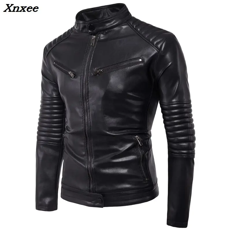 

Mens Fashion Wave Cut Motorcycle Jacket 2018 New Autumn Winter PU Leather Jacket Casual Multi-zipper Stand Collar Coats 4XL 5XL