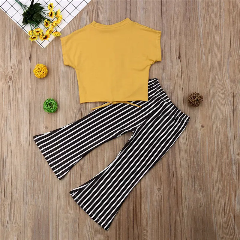 

Emmababy Toddler Kids Girls 2PCS Clothes Summer Loose T-shirt +Stripes Flare Pants Outfits 2Pcs