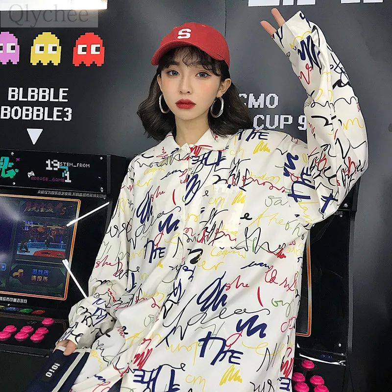 Qlychee Harajuku Colorful Letter Print Women Blouse Shirts Long Sleeve Casual Loose Female Tops |