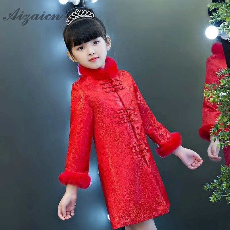 Детское Новогоднее платье с длинными рукавами для девочек Qipao Красное Атласное