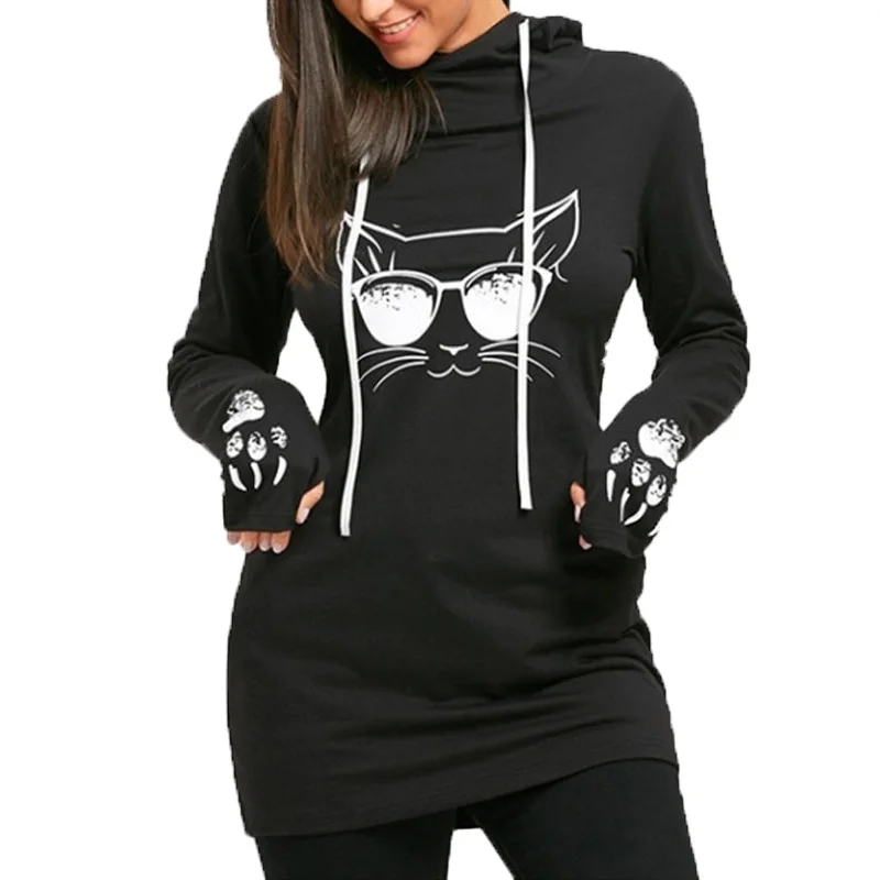 S-5xl Oversize Cat Printed Hoodies Sweatshirts Female Casual Long Sleeve Mid Hoody Fashion Pullover Sweatshirt Women Ladies | Женская