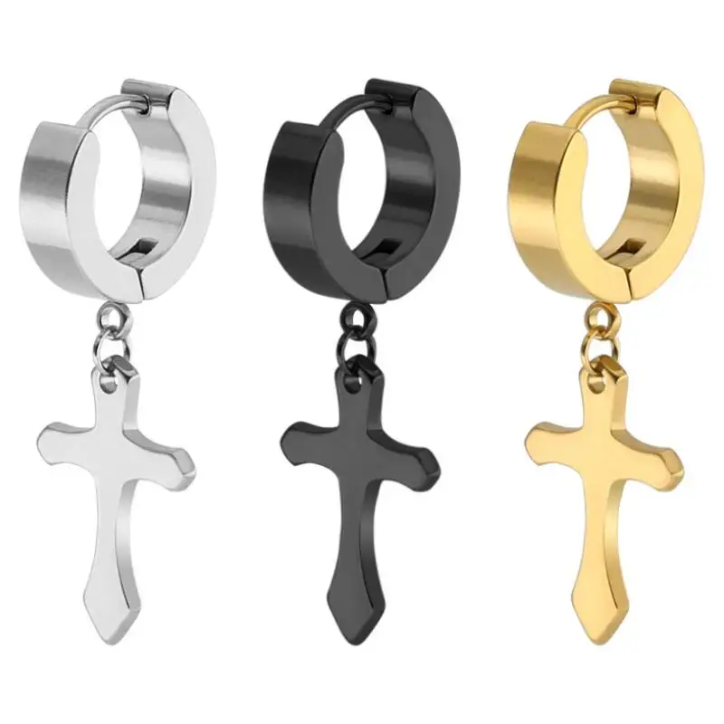 High Polish 24K Gold Cross Clip Hoop Huggie Earrings For Women |