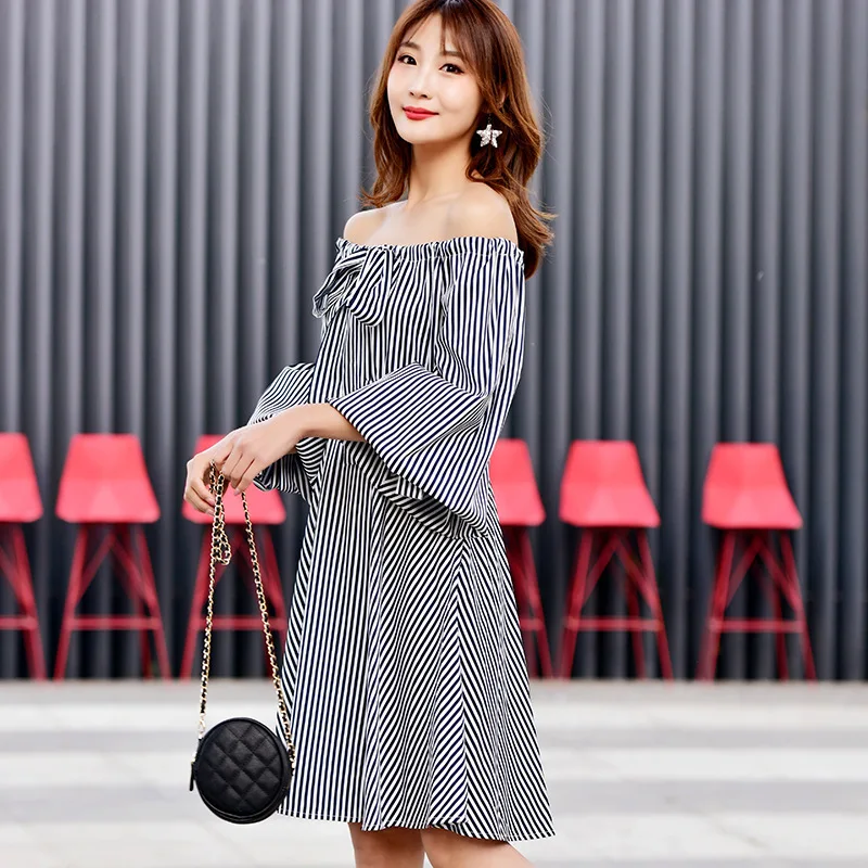 [EWQ] 2019 summer new Korean style Stripe Lantern Sleeve Slash neck off Shoulder strap loose Ladies clothing women dress QG96901 |