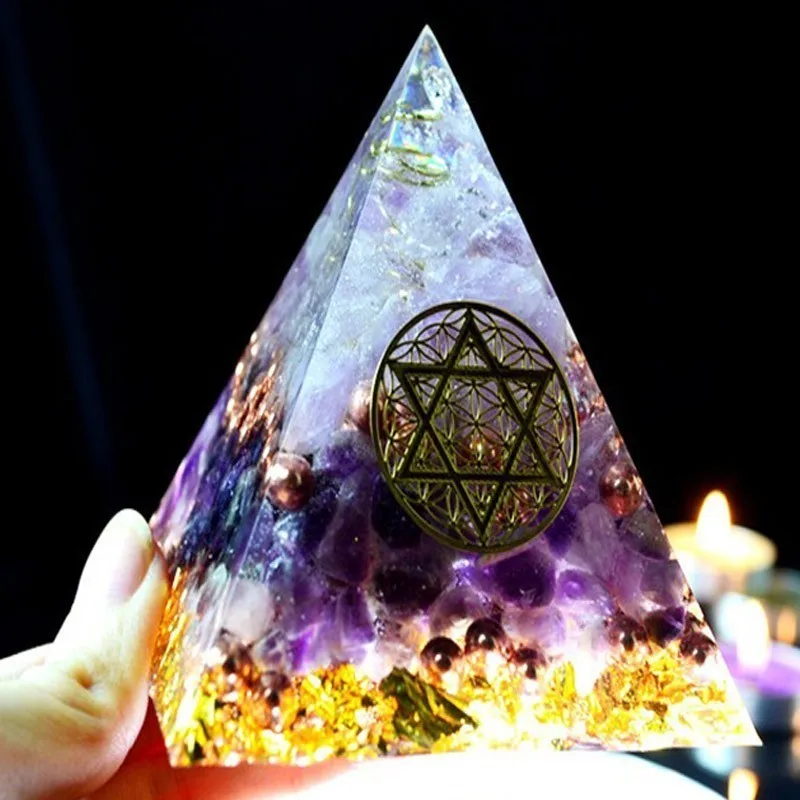 AURA REIKI Orgonite Pyramid Amethyst Sahasrara Chakra Jeremiel Natural White Crystal To Improve Mood Resin Pyramid Crafts C0146