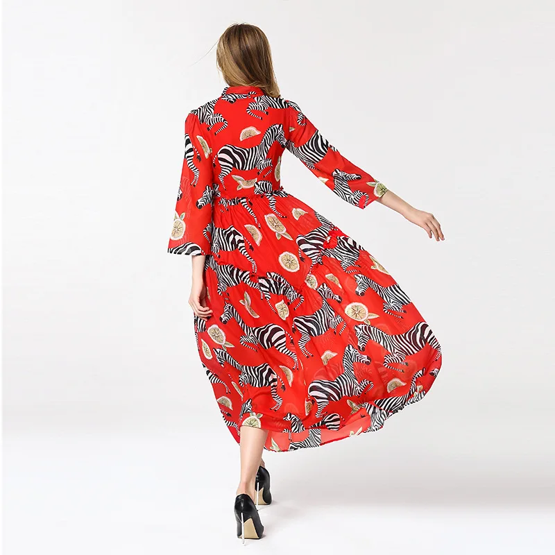 Женское длинное платье с принтом зебры красное Свободное воротником стойкой и