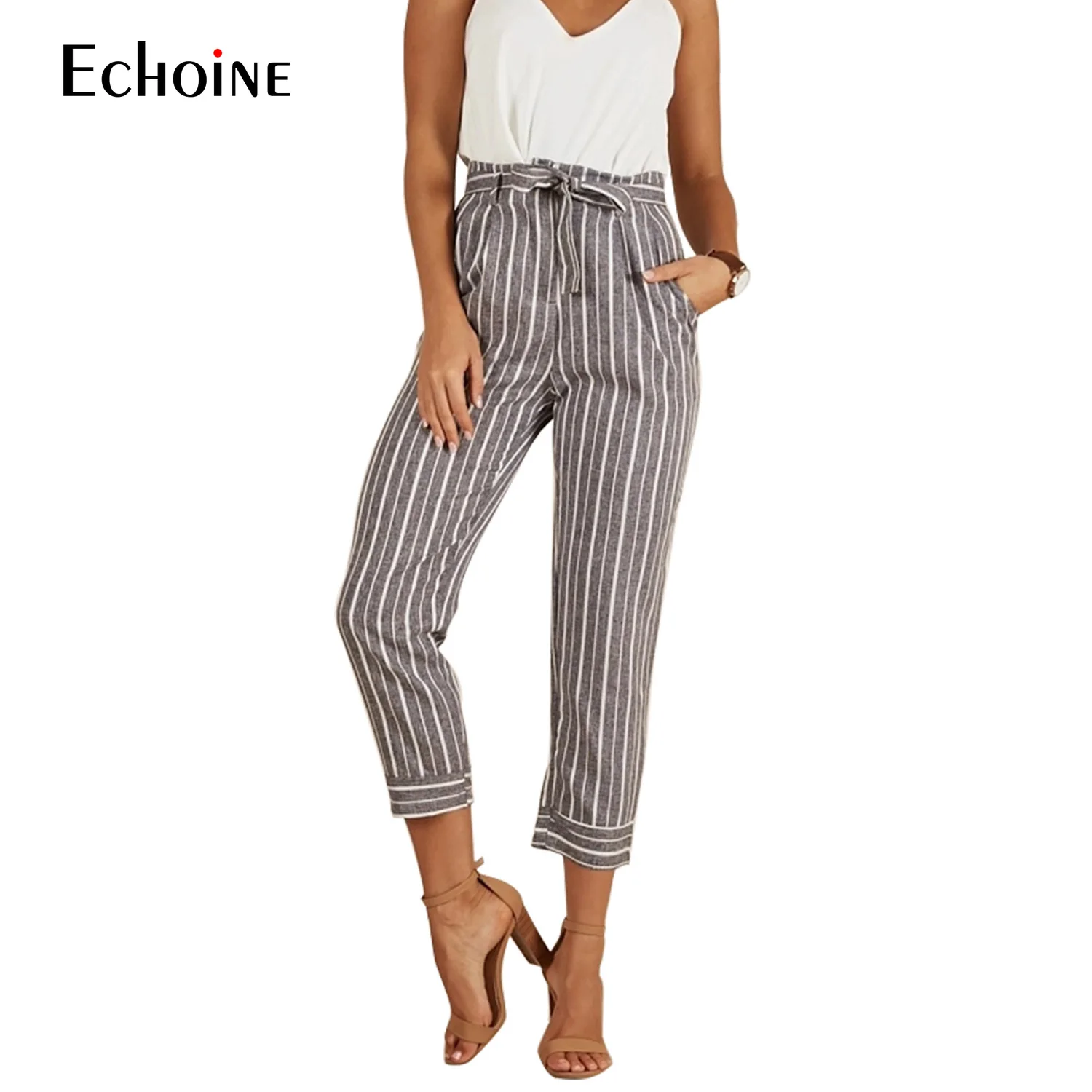 Женские прямые брюки в полоску серые офисные до щиколотки с высокой талией