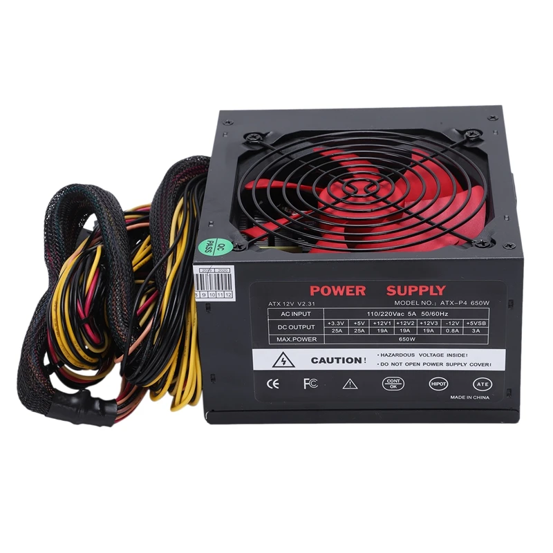 170-260 В Макс 650 Вт блок питания Psu Pfc красный 12 см тихий вентилятор 24Pin 12В ПК