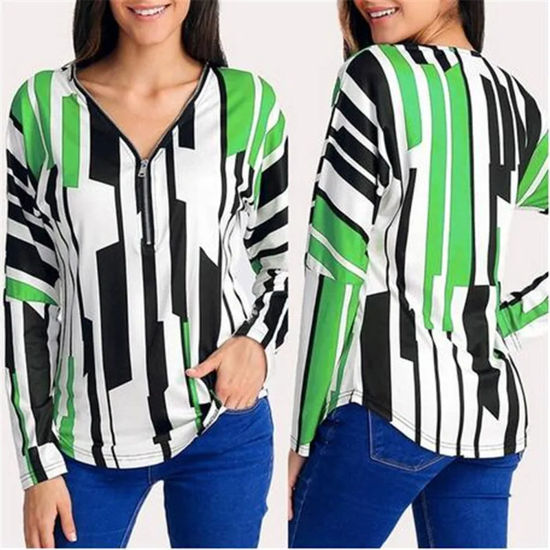 2020 Stripped T Shirt New Fashion Clothes Women Summer Tops Loose Plus Size V Neck Zipper Tshirt Harajuku Streetwear Okd825 | Женская