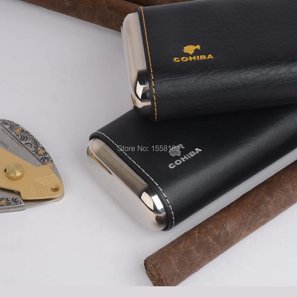 Кожаный чехол COHIBA с подкладкой из кедра 3 пальцами и серебристыми