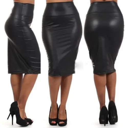 

Women Black PU Leather Black Pencil High Waist Knee Length Skirts Stretch Party Women's skirt