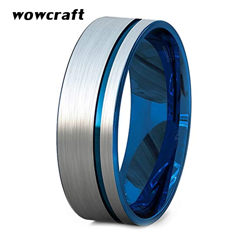 

Man Tungsten Carbide Wedding Band Rings Flat 8mm Blue Plated Wide Fashion Ring Top Brushed Finish Comfort Fit Personal Customize