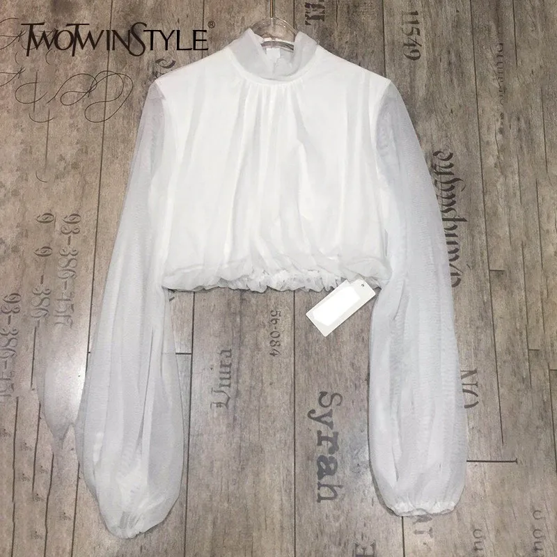 TWOTWINSTYLE элегантный сетки женские футболки Стенд воротник с длинным рукавом белый