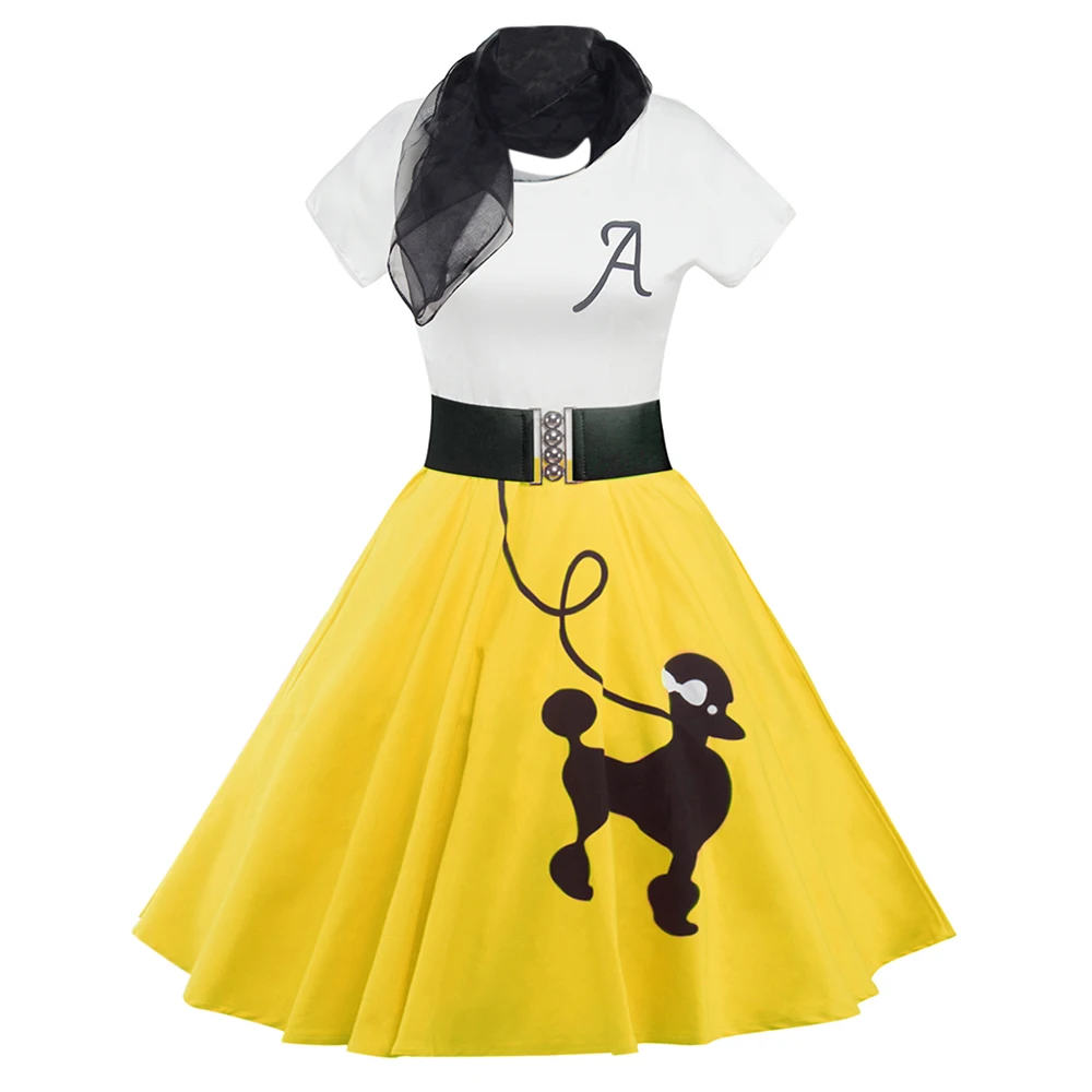 

Retro Poodle Print High Waist Skater Dress Vintage Rockabilly Swing Tee Dress Halloween Party A-Line Summer Dress Costumes