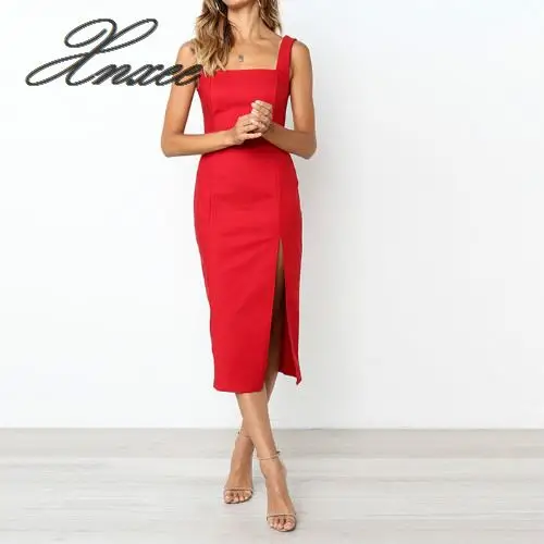 

2020 New Fashion solid color sling open-forked casual dress women sleeveless ankle-length office dress