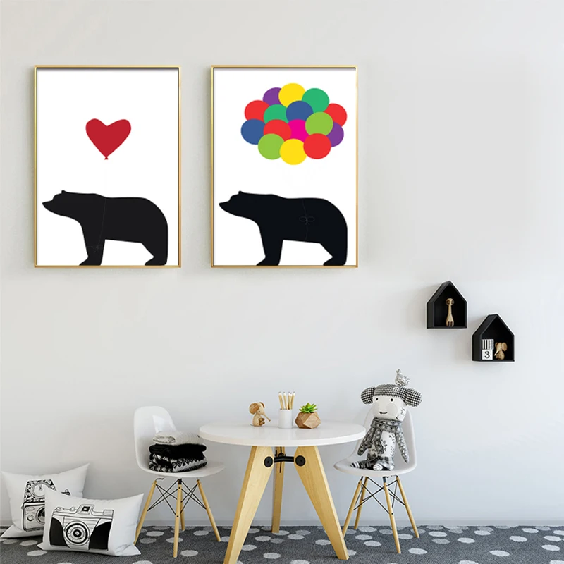 Cute Cartoon Animal Black and White Bear Family Canvas Painting Poster Print Nordic Wall Art Picture Nursery Kids Bedroom Decor | Дом и сад