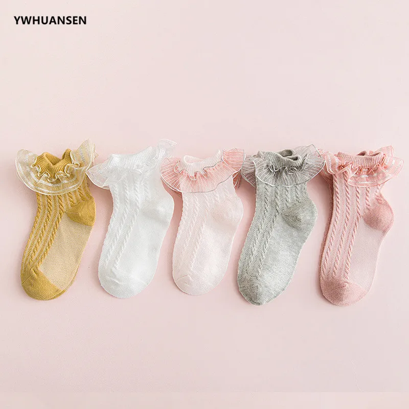 YWHUANSEN/5 пар/лот, хлопковые кружевные детские носки летние сетчатые носки для малышей, короткие носки принцессы ярких цветов для танцев
