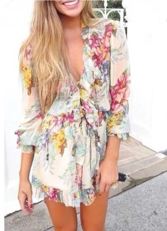 Женский комбинезон с цветочным принтом Boho пляжный шифоновый треугольным вырезом