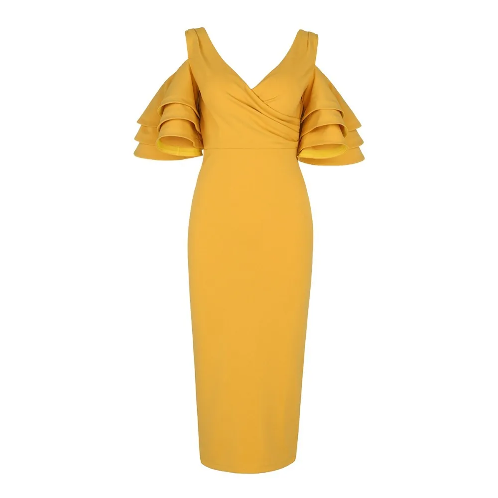 

High Quality Orange Short Petal Sleeve V-neck Knee Length Dress Evening Party Bodycon Dress